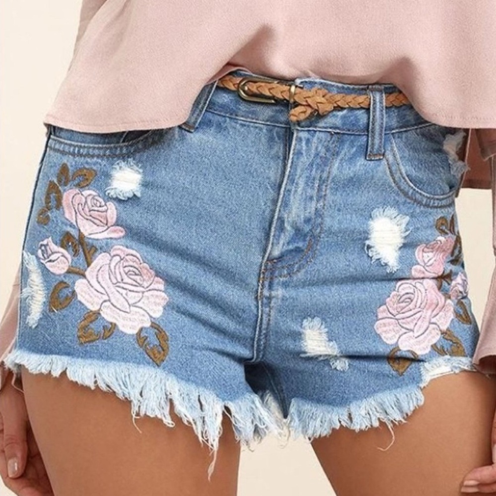Floral Cut Off Distressed Embroidered Denim Shorts